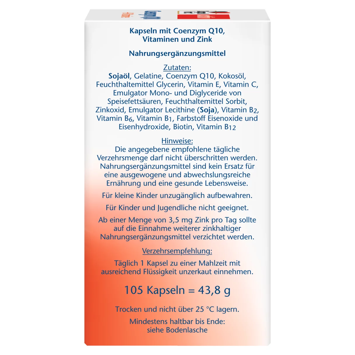 Illustration of the product packaging Doppelherz aktiv Coenzym Q10 +B-vitamins  side view right
